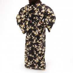 japanischer Yukata Kimono aus schwarzer Baumwolle, SHIRAUME, weiße Pflaumenblüten