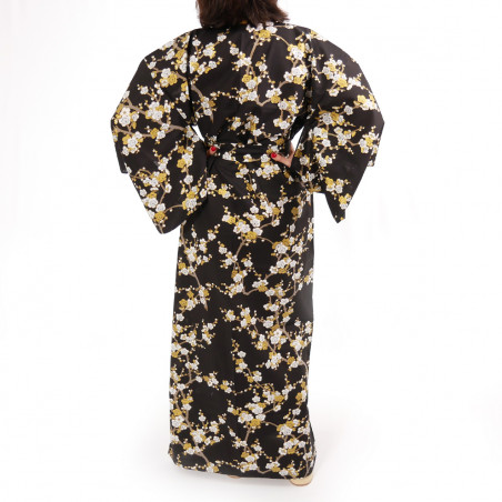 yukata japonés kimono algodón negro, SHIRAUME, flores de ciruelo blanco