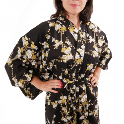 kimono yukata traditionnel japonais noir en coton fleurs prune blanches pour femme