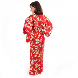 japanische Yukata Kimono rote Baumwolle, SHIRAUME, weiße Pflaumenblüten