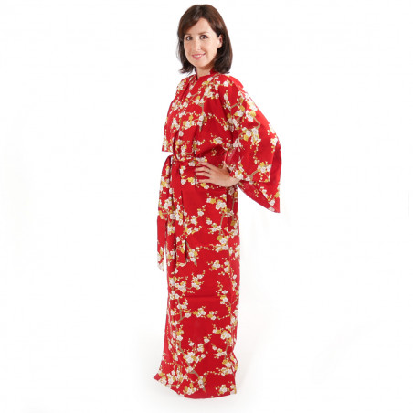 kimono giapponese yukata in cotone rosso, SHIRAUME, fiori di prugna bianca