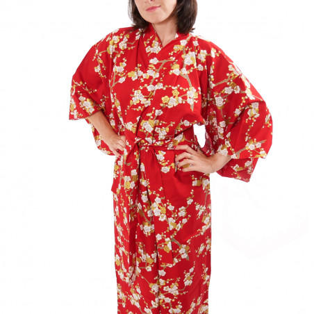 japanische Yukata Kimono rote Baumwolle, SHIRAUME, weiße Pflaumenblüten