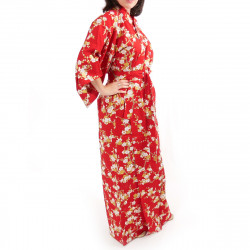 kimono giapponese yukata in cotone rosso, SHIRAUME, fiori di prugna bianca