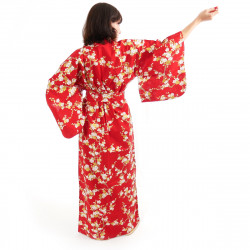 japanische Yukata Kimono rote Baumwolle, SHIRAUME, weiße Pflaumenblüten