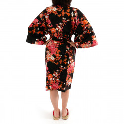 happi kimono traditionnel japonais noir en coton pivoine et fleurs de cerisier pour femme