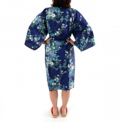 Happi kimono giapponese in cotone blu satinato, SAKURA PEONY, peonia e fiori di ciliegio