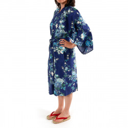 happi kimono japonés azul algodón satinado, SAKURA PEONY, peonía y flores de cerezo