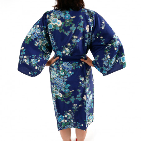 Japanese traditional blue navy cotton sateen happi coat kimono peony and cherry blossom for ladies