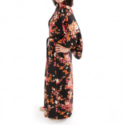 Kimono de algodón negro japonés, SAKURA PEONY, peonía y flores de cerezo