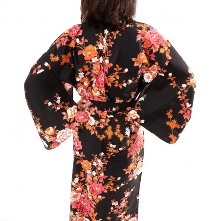 Kimono giapponese in cotone nero, SAKURA PEONY, peonia e fiori di ciliegio