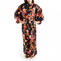 Japanischer schwarzer Kimono aus Baumwolle, SAKURA PEONY, Pfingstrose und Kirschblüten