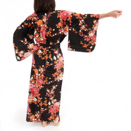 Kimono de algodón negro japonés, SAKURA PEONY, peonía y flores de cerezo