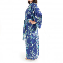 Kimono giapponese in cotone blu, SAKURA PEONY, peonia e fiori di ciliegio