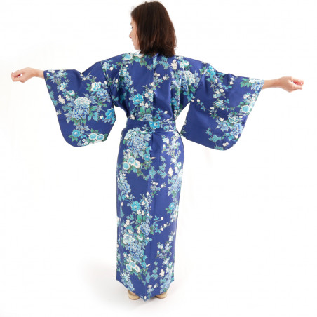 Kimono bleu traditionnel japonais pour femme pivoine et fleur de cerisier