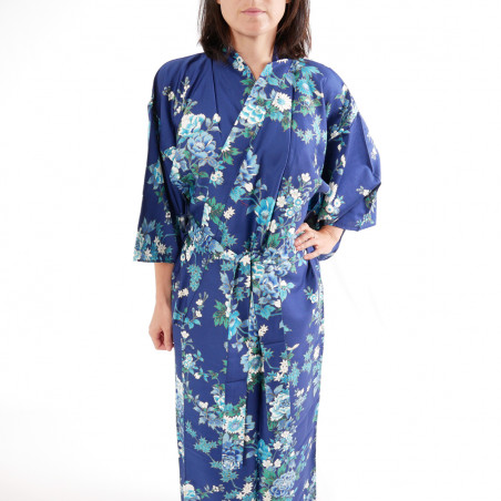 Kimono bleu traditionnel japonais pour femme pivoine et fleur de cerisier