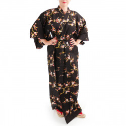 japanischer Yukata Kimono aus schwarzer Baumwolle, KINUME, goldene Pflaumenblüten