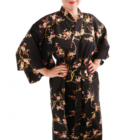 kimono yukata traditionnel japonais noir en coton fleurs prune dorées pour femme