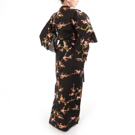 japanischer Yukata Kimono aus schwarzer Baumwolle, KINUME, goldene Pflaumenblüten