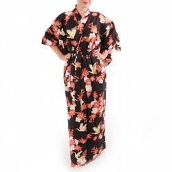 kimono giapponese yukata in cotone nero, SAKURA TSURU, fiori di ciliegio e gru