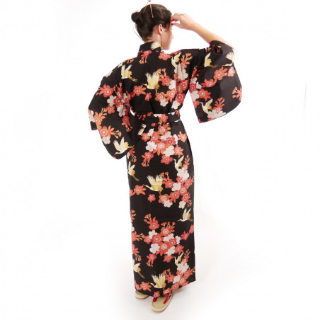 kimono giapponese yukata in cotone nero, SAKURA TSURU, fiori di ciliegio e gru