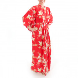 Japanese traditional red cotton yukata kimono cherry blossoms and crane for ladies