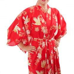 kimono yukata traditionnel japonais rouge en coton fleurs de cerisiers et grues pour femme