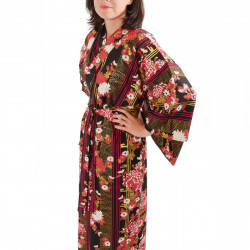 kimono yukata traditionnel japonais noir en coton chrysanthèmes fleuris pour femme