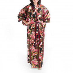 kimono yukata traditionnel japonais noir en coton chrysanthèmes fleuris pour femme