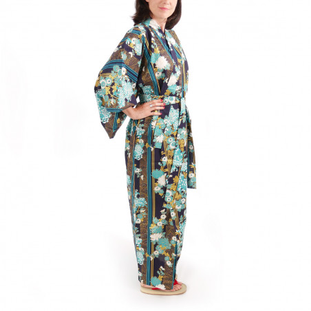 kimono giapponese yukata in cotone blu, KIKU, mamme