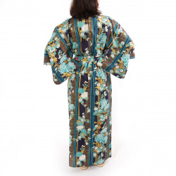 Japanese traditional blue cotton yukata kimono chrysanth blooming for ladies