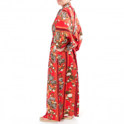 kimono yukata traditionnel japonais rouge en coton chrysanthèmes fleuris pour femme