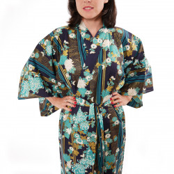 Japanese traditional blue cotton yukata kimono chrysanth blooming for ladies