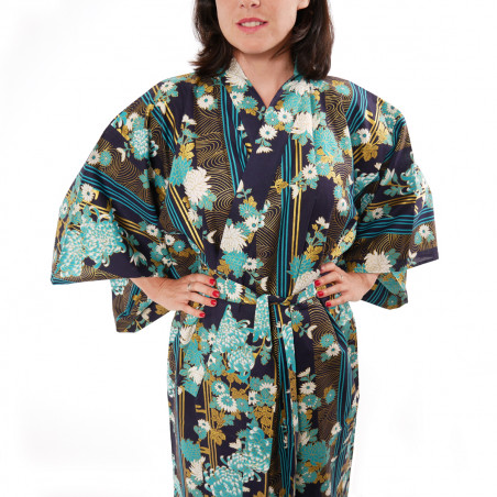 yukata japonés kimono algodón azul, KIKU, madres