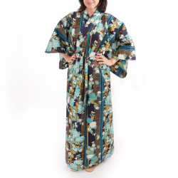 Japanese traditional blue cotton yukata kimono chrysanth blooming for ladies