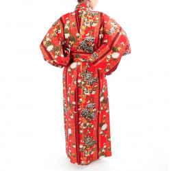 kimono yukata traditionnel japonais rouge en coton chrysanthèmes fleuris pour femme