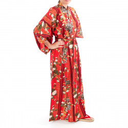 kimono yukata traditionnel japonais rouge en coton chrysanthèmes fleuris pour femme