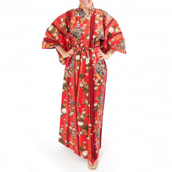 yukata japonés kimono rojo algodón, KIKU, madres