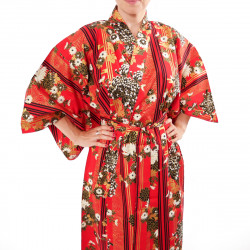 Japanese traditional red cotton yukata kimono chrysanth blooming for ladies