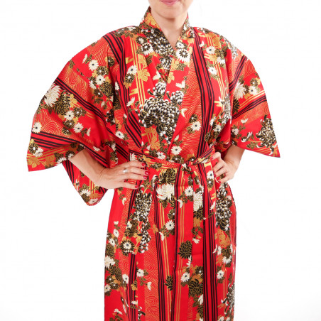 kimono giapponese yukata in cotone rosso, KIKU, mamme