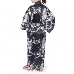 kimono yukata japonais noir en soie fleurs iris et prune pour femme