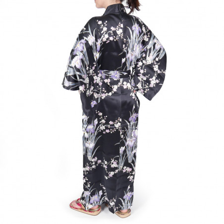 kimono yukata japonais noir en soie fleurs iris et prune pour femme