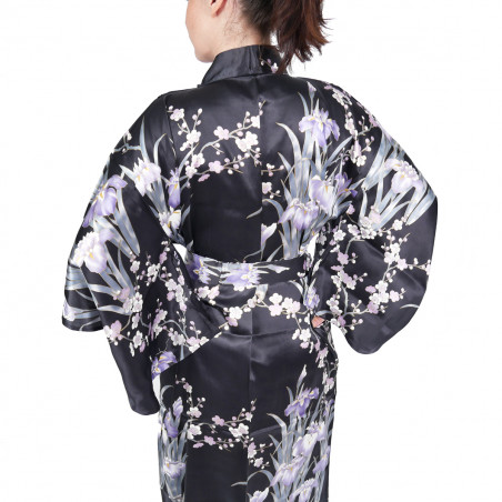 kimono yukata japonais noir en soie fleurs iris et prune pour femme