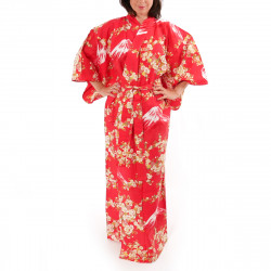 kimono yukata traditionnel japonais rouge en coton fleurs de cerisiers sakura sur mont fuji pour femme