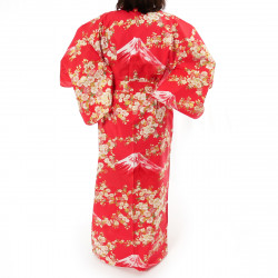 japanische Yukata Kimono rote Baumwolle, SAKURA FUJI, Sakura-Kirschblüten und Fuji-Montierung