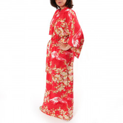 kimono yukata traditionnel japonais rouge en coton fleurs de cerisiers sakura sur mont fuji pour femme