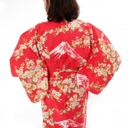 kimono yukata traditionnel japonais rouge en coton fleurs de cerisiers sakura sur mont fuji pour femme