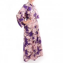 kimono yukata traditionnel japonais violet en coton fleurs de cerisiers sakura pour femme