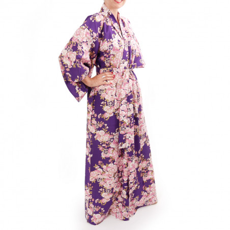 kimono yukata giapponese viola in cotone, SAKURA, fiori di ciliegio