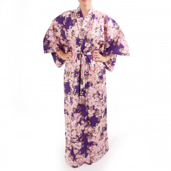 kimono yukata giapponese viola in cotone, SAKURA, fiori di ciliegio