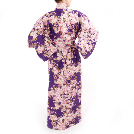 Japanese traditional purple cotton yukata kimono colorful sakura flowers for ladies